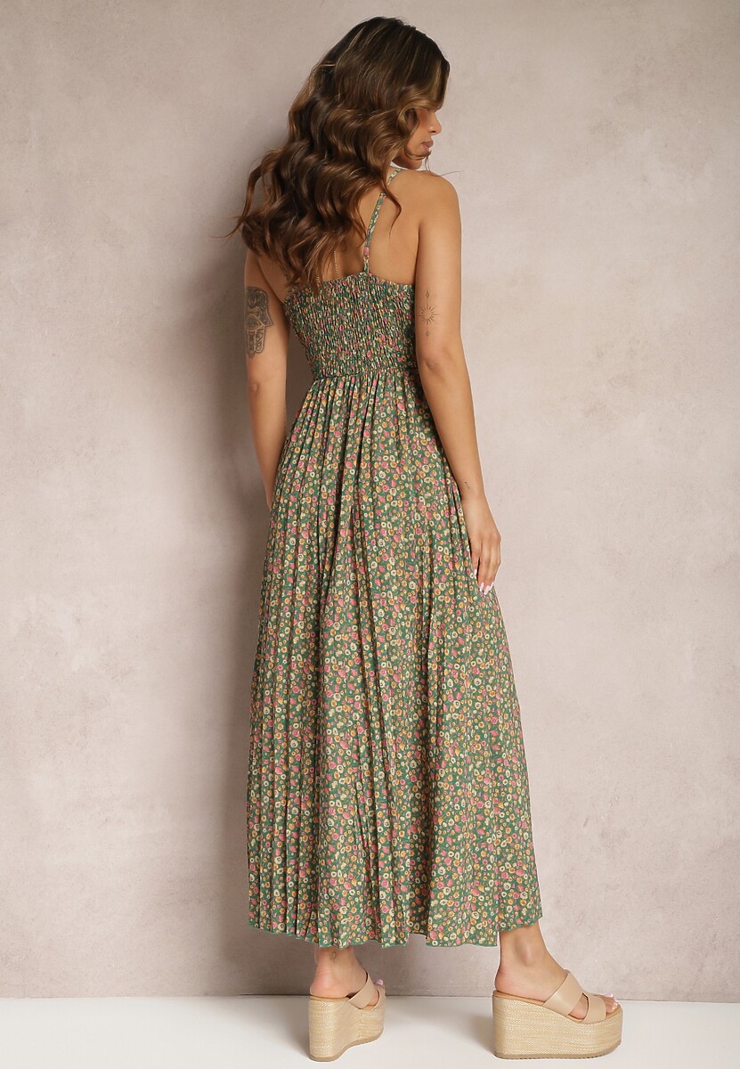 Ciemnozielona Sukienka na Ramiączkach z Kopertowym Dekoltem z Plisowaniem i Letnim Wzorem Rysenna