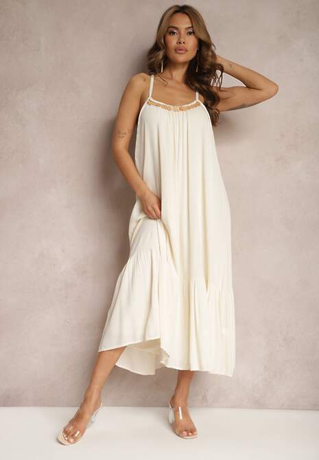 Beżowa Sukienka z Wiskozy na Ramiączkach Zdobiona Cekinami i Metaliczną Nitką Beloe