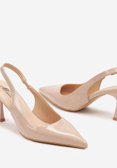 Beżowe Sandały na Obcasie ze Szpiczastym Noskiem i Paskiem przy Pięcie Deovienne