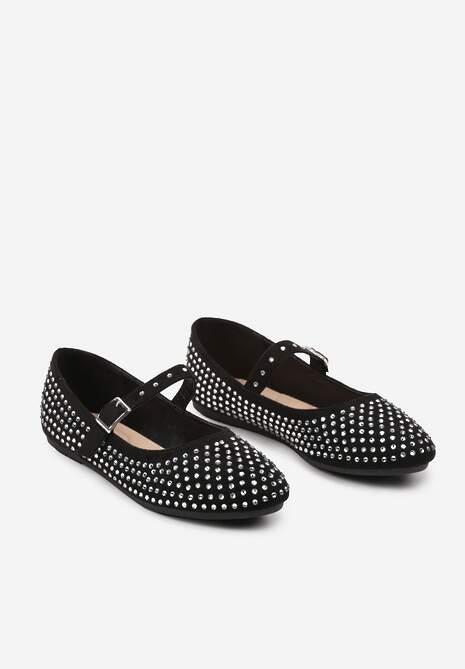 Czarne Balerinki na Płaskiej Podeszwie w Stylu Mary Jane z Cyrkoniami i Ozdobnym Paskiem Ivilra