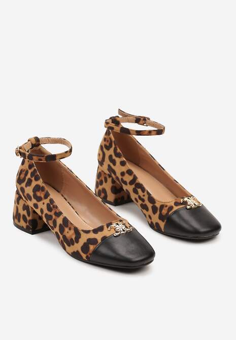 Brązowe Lakierowane Czółenka na Obcasie z Ozdobnym Noskiem i Paskiem Wokół Kostki Kolaria