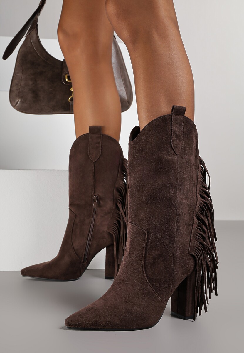 Brązowe Botki Kowbojki na Słupku Ozdobione Frędzlami Reikka