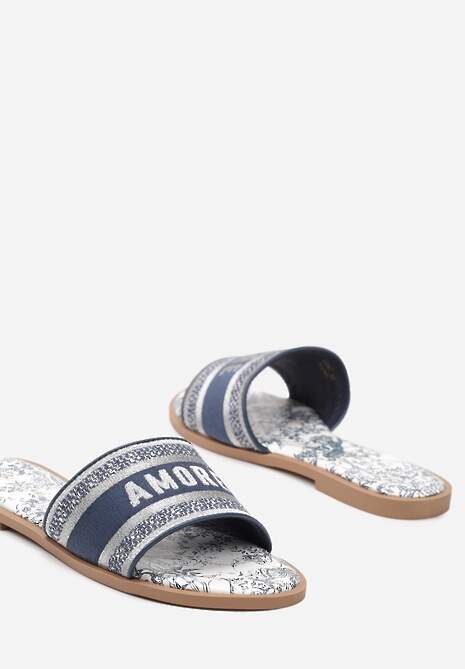 Niebieskie Klapki na Płaskiej Podeszwie z Wkładką z Imitacji Skóry i Metaliczną Nicią Muricella