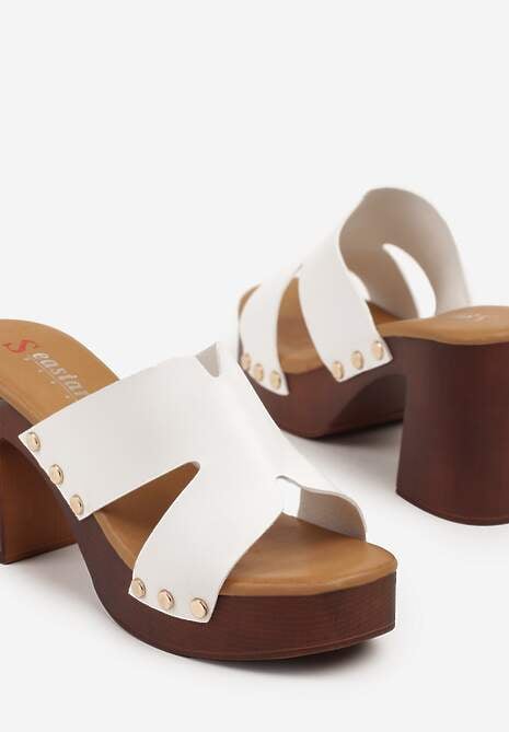 Białe Klapki Typu Drewniaki na Słupkowym Obcasie Fevalline