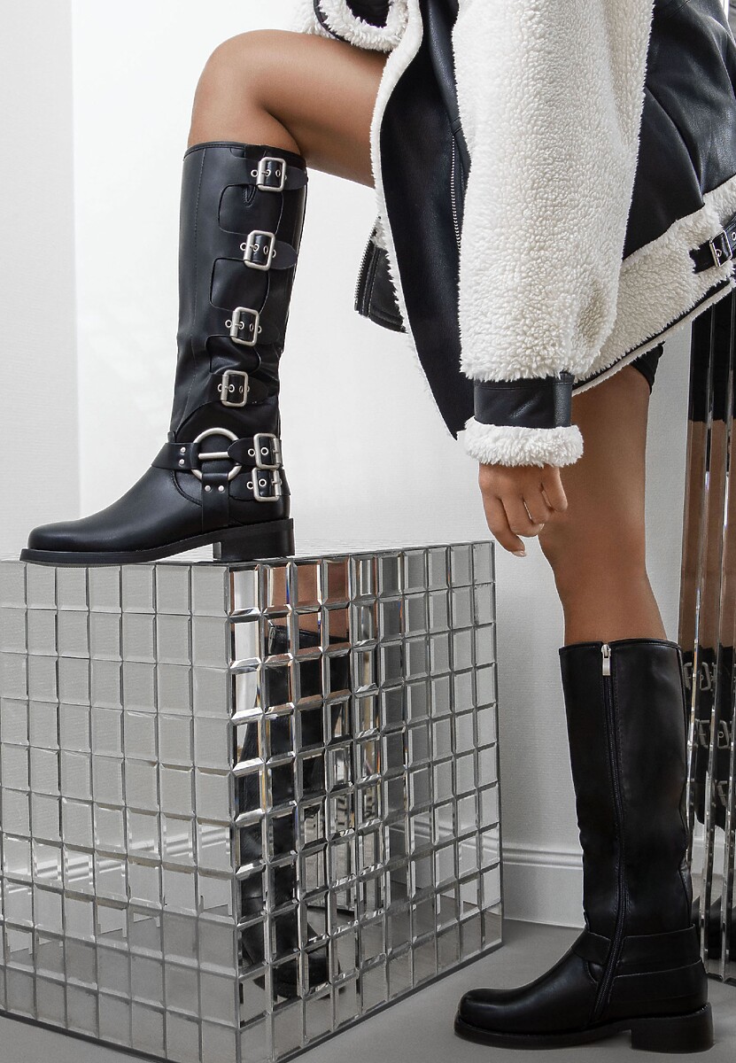 Czarne Kozaki Biker z Ozdobnymi Klamerkami i Kwadratowym Noskiem Vivao