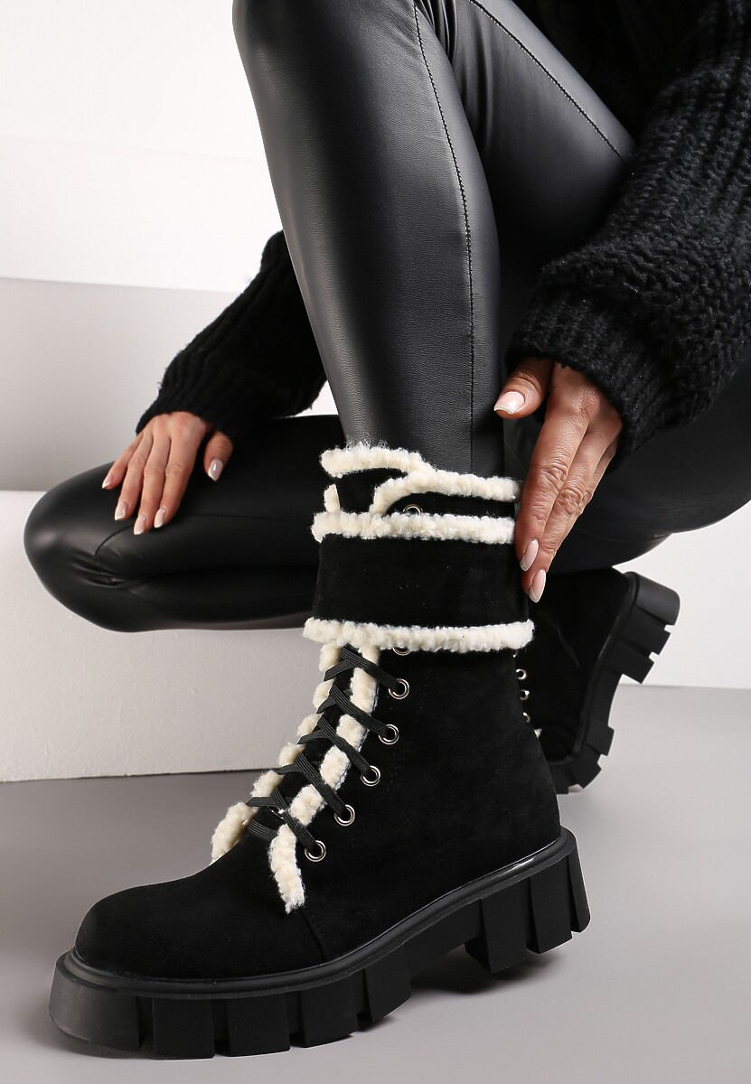 Czarne Botki Workery na Grubej Podeszwie z Futerkiem Valiro