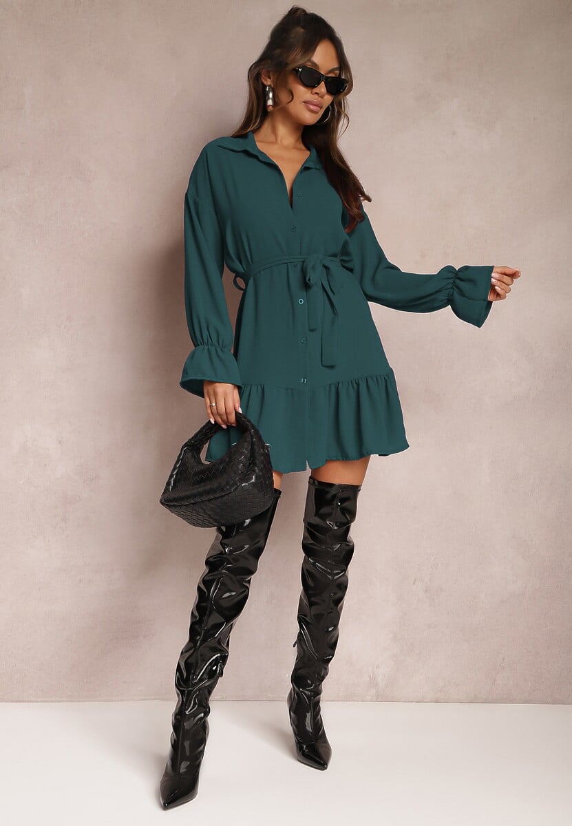 Ciemnozielona Koszulowa Sukienka Mini z Falbanką i Wiązanym Paskiem Blisotta