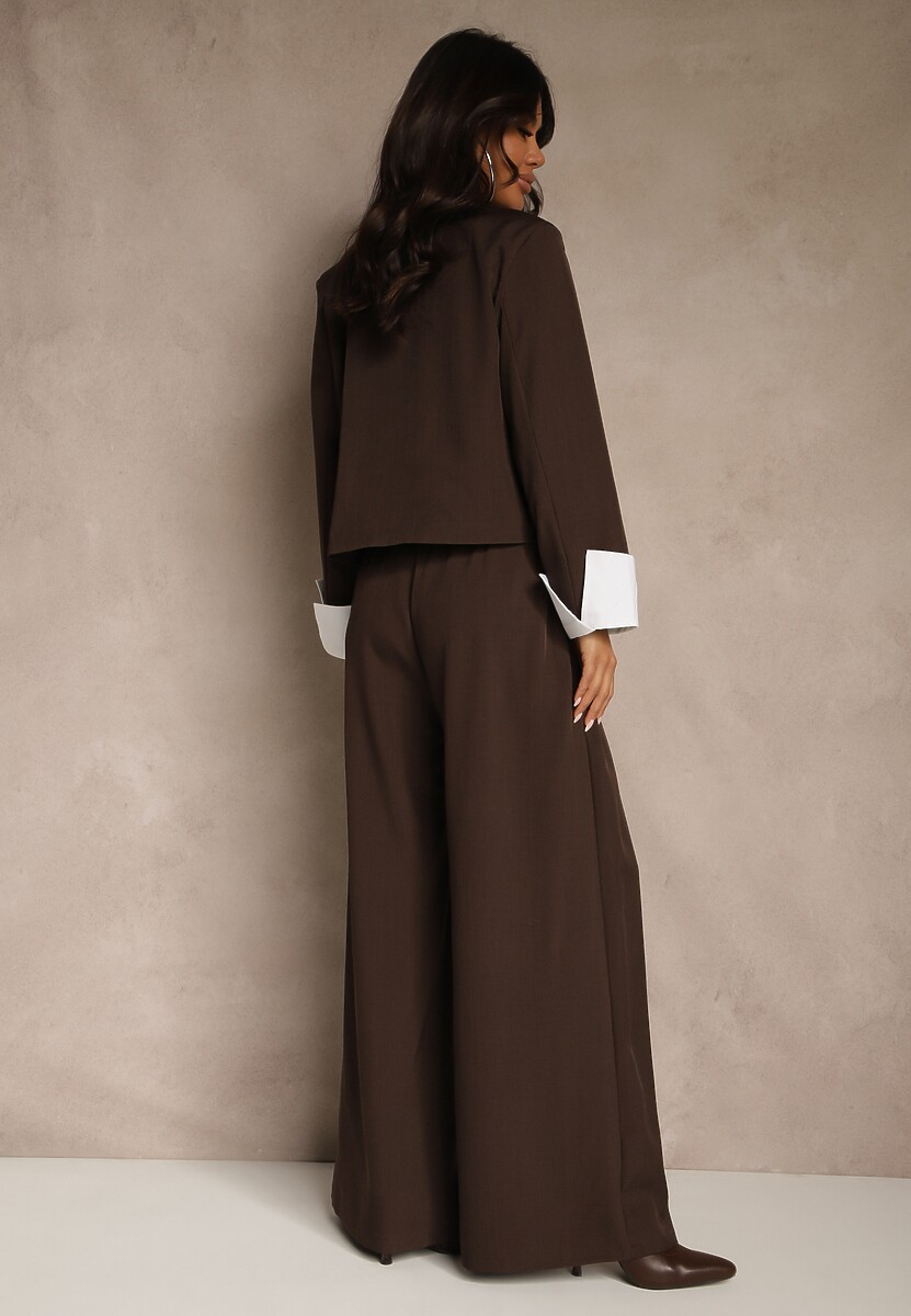 Ciemnobrązowy Garniturowy Komplet Marynarka i Spodnie z Kontrastującymi Zdobieniami Davirielle