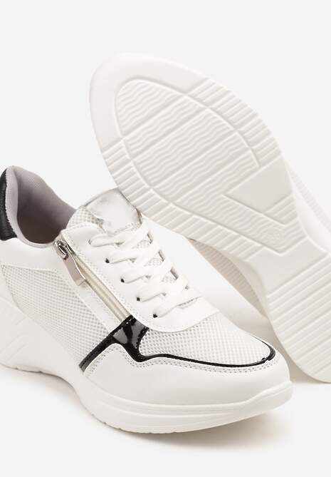 Białe Sneakersy na Koturnie z Wkładką ze Skóry Naturalnej Ozdobione Suwakiem Arivios