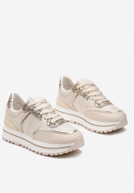 Beżowe Sneakersy na Platformie ze Wstawkami z Brokatu Ovilia