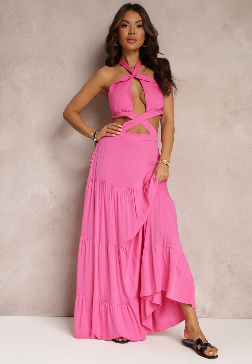 Fuksjowa Rozkloszowana Sukienka z Wiskozy z Wiązaniem i Wycięciami Kailen