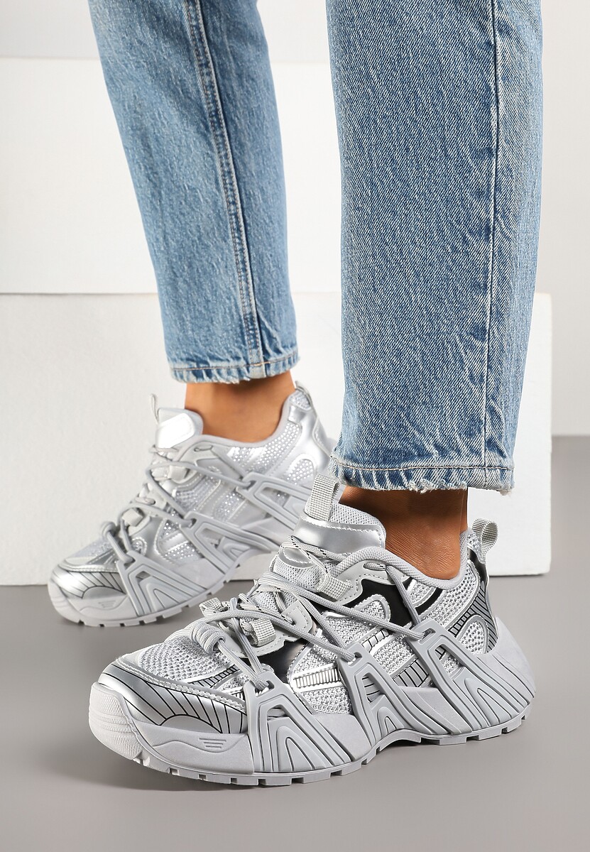 Srebrne Sneakersy na Platformie z Geometrycznym Wzorem Eledisa