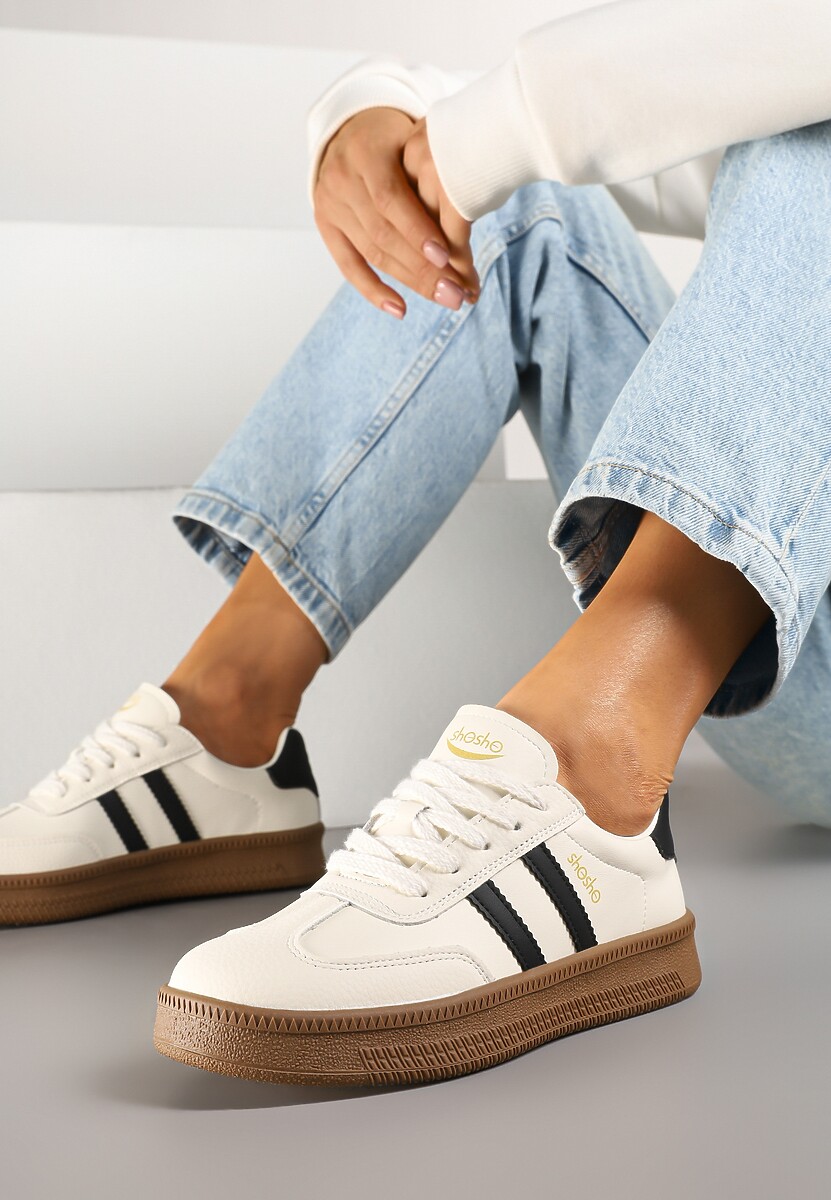 Beżowo-Granatowe Sneakersy Sportowe z Ozdobnymi Paskami i Przeszyciami Wenilan