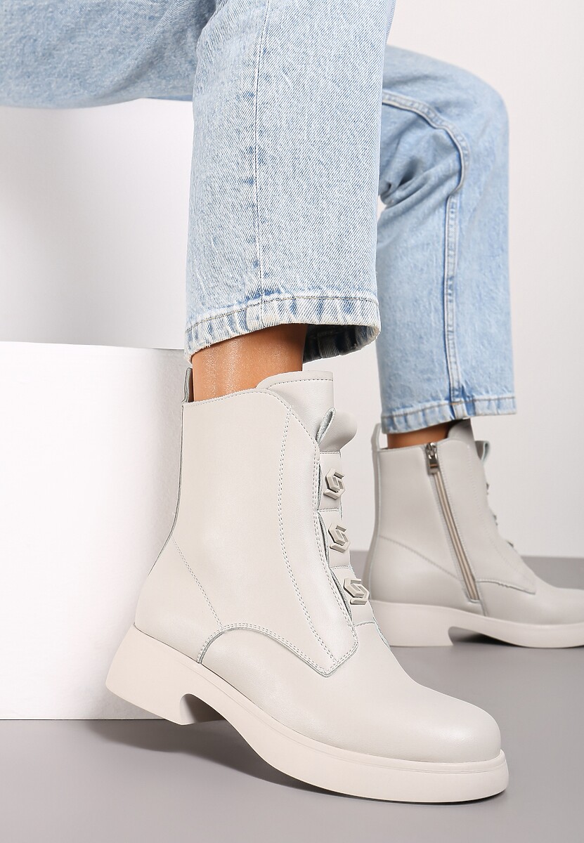 Beżowe Płaskie Casualowe Botki z Ociepleniem Evalinae