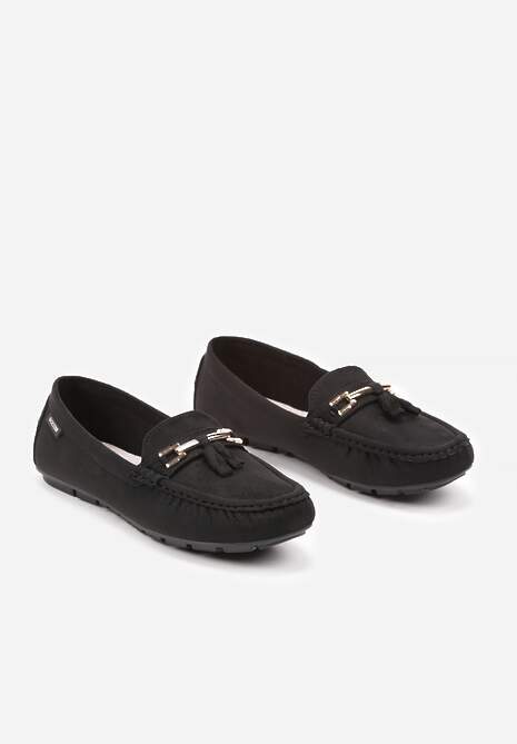 Czarne Mokasyny na Płaskiej Podeszwie ze Skórzaną Wkładką Klamrą i Frędzlami Irisce