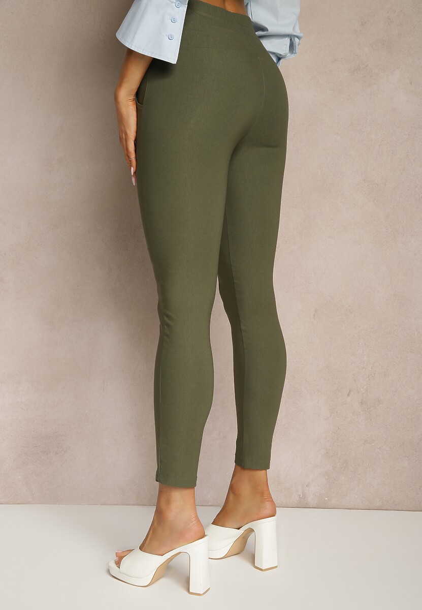 Ciemnozielone Spodnie Skinny High Waist Kolanira