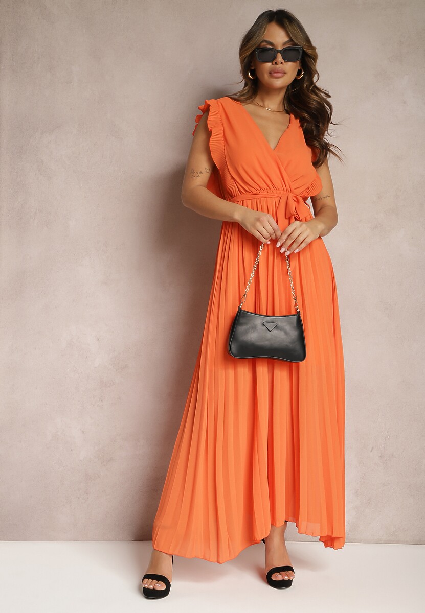 Pomarańczowa Wiskozowa Sukienka Maxi z Plisowaniem o Rozkloszowanym Kroju i Kopertowym Dekolcie Fliceris