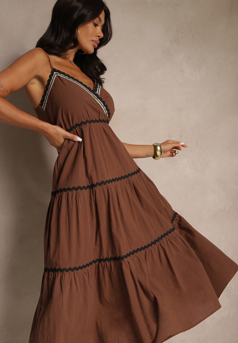 Brązowa Sukienka z Bawełny Ozdobiona Metaliczną Nicią Saraleza