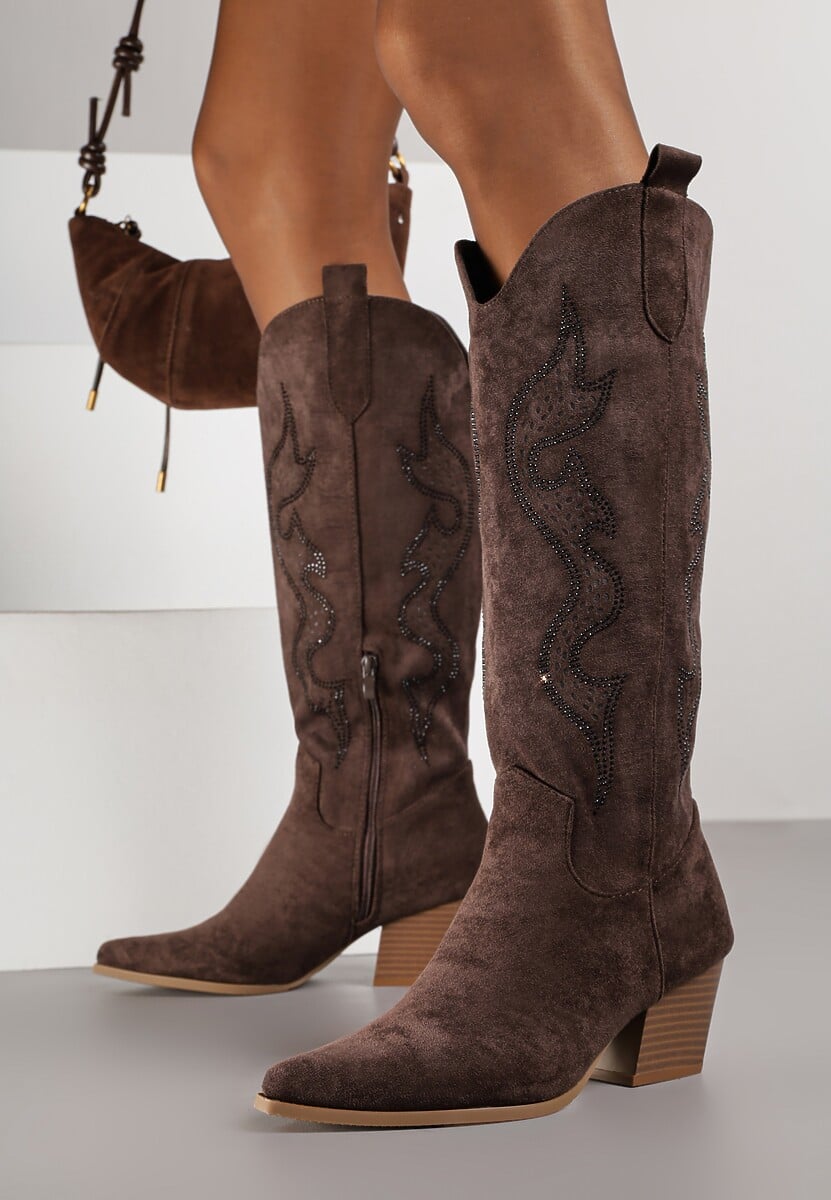 Brązowe Kozaki Kowbojki na Stożkowym Obcasie Zdobione Cyrkoniami Nalasania