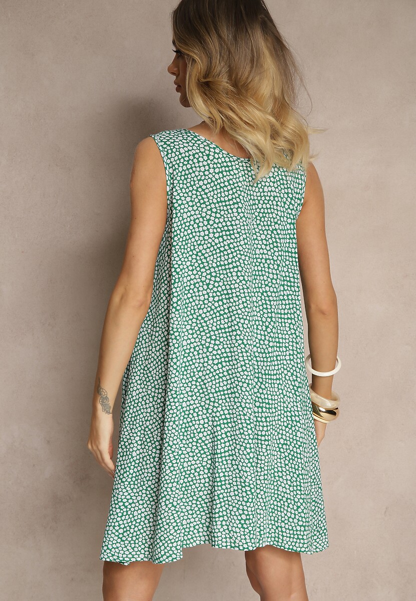 Zielona Sukienka Rozkloszowana z Bawełny z Guzikami i Kwiatami Lisariela