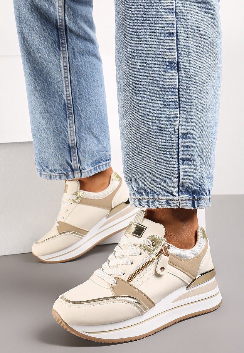 Beżowe Sneakersy na Platformie z Metaliczną Lamówką i Brokatem Bivina