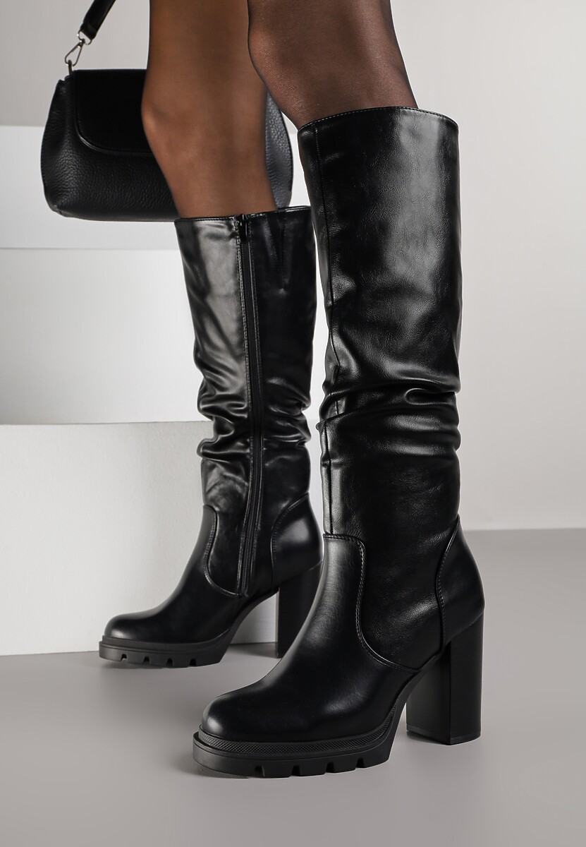 Czarne Kozaki do Kolana z Marszczoną Cholewką i Obcasem Typu Słupek Netalea