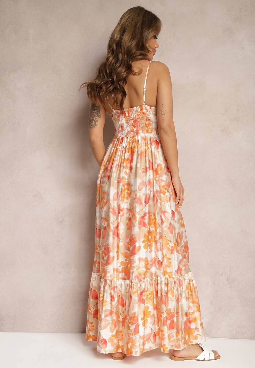 Pomarańczowa Sukienka o Rozkloszowanym Fasonie w Kwiaty z Bawełny i Wiskozy Ozdobiona Wiązaniem na Dekolcie Nasima