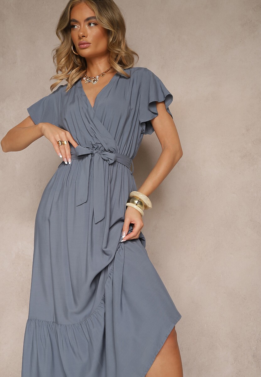 Czarna Kopertowa Sukienka z Wiskozy Ozdobiona Paskiem Savioneira