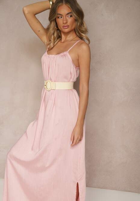 Różowa Sukienka o Rozkloszowanym Kroju z Elastycznym Dekoltem Revore