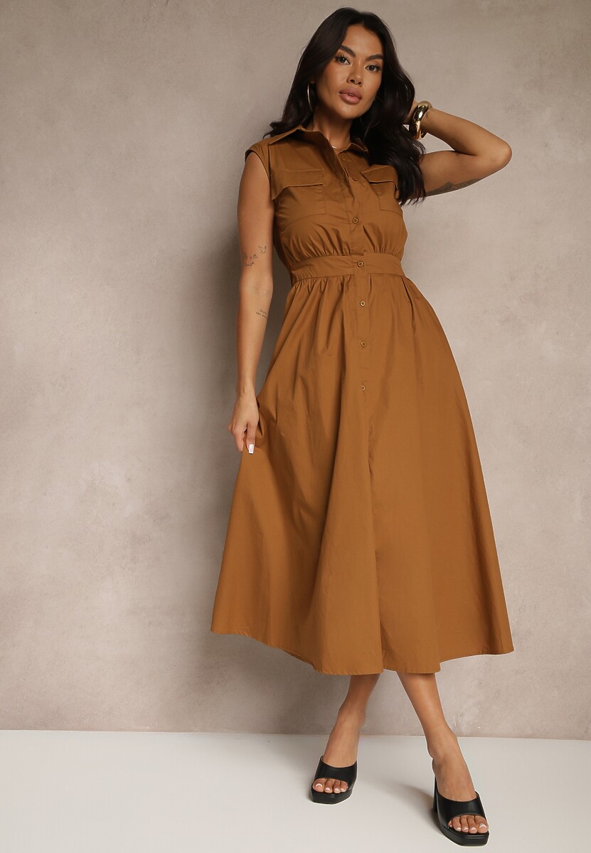 Brązowa Sukienka Koszulowa z Bawełny Ozdobiona Kieszonkami Saviette