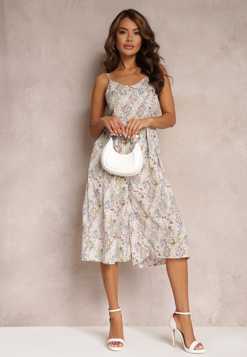 Jasnobeżowy Kombinezon w Kwiaty z Szeroką Gumką i Wycięciem na Plecach Wildhill