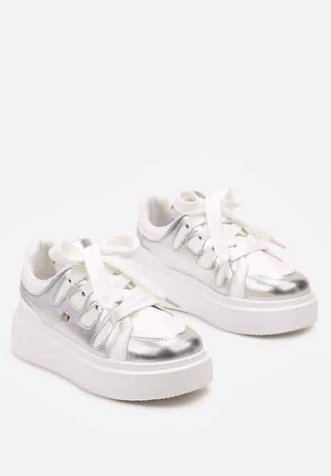 Biało-Srebrne Sneakersy na Grubej Podeszwie przed Kostkę Alisis