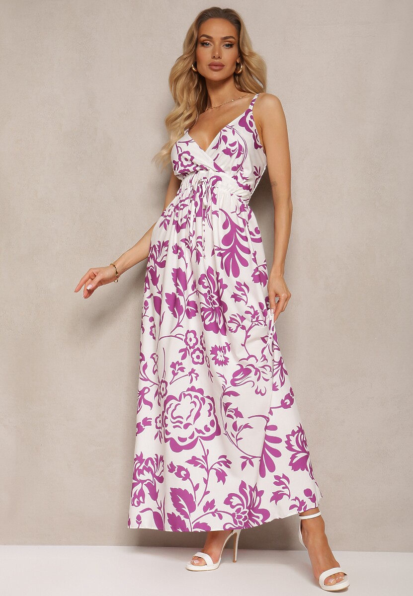 Fuksjowo-Biała Sukienka z Gumkami na Plecach Ściągana w Talii z Regulowanymi Ramiączkami Falora