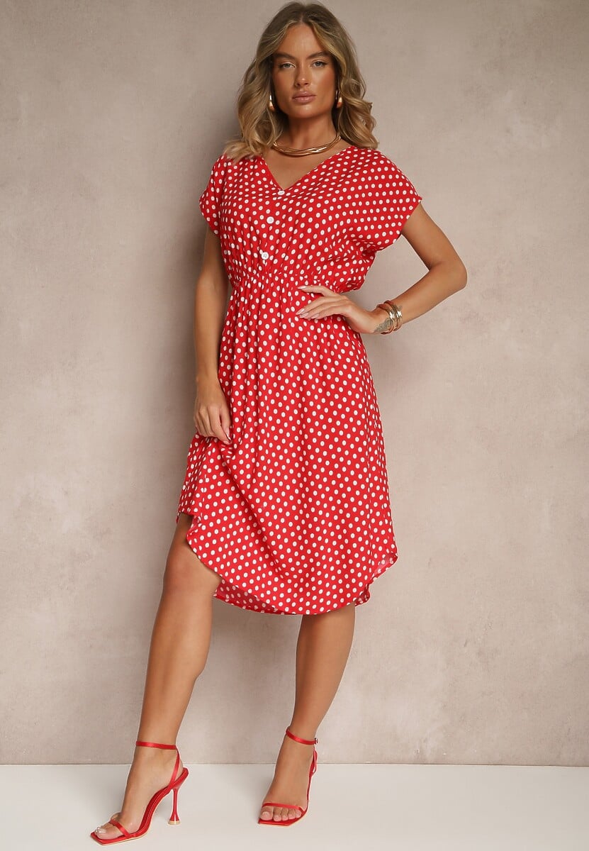 Biało-Czarna Sukienka z Bawełny o Rozkloszowanym Kroju z Gumką w Talii Emilla