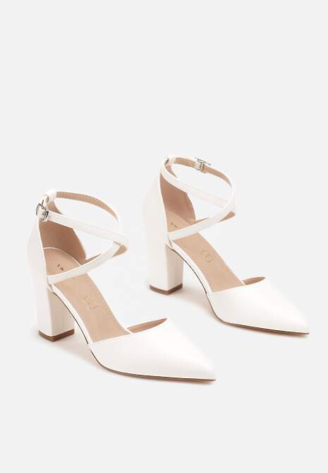 Białe Czółenka na Słupku ze Skórzaną Wkładką i Ozdobnymi Paskami Leaniria