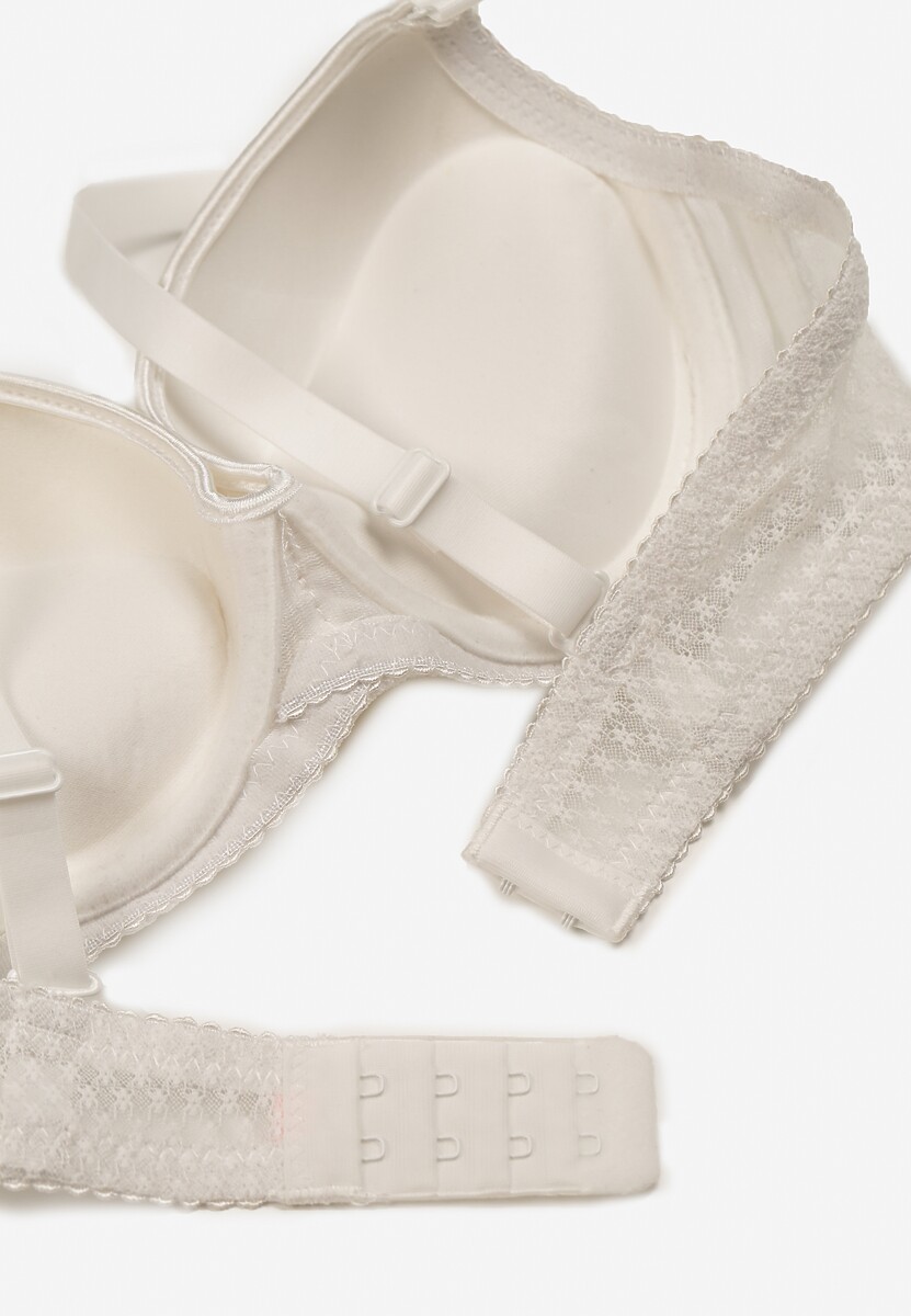 Jasnobeżowy Push-Up Biustonosz Koronkowy na Regulowanych Ramiączkach Lunetia