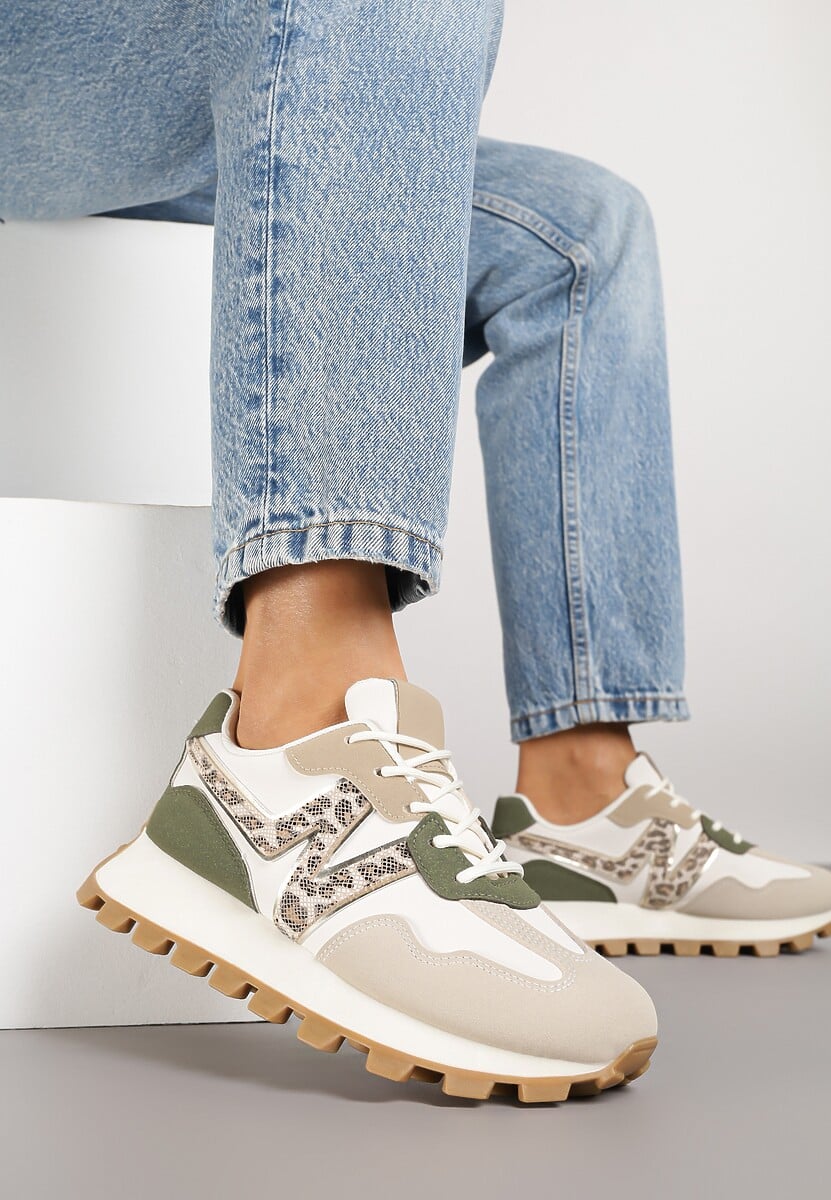 Beżowo-Zoelone Sneakersy Ozdobione Geometrycznym Motywem w Panterkę Annerie