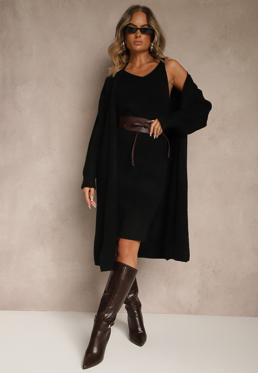 Ciemnobeżowy Dzianinowy Komplet z Wełną Prążkowana Sukienka i Długi Kardigan Falonessa