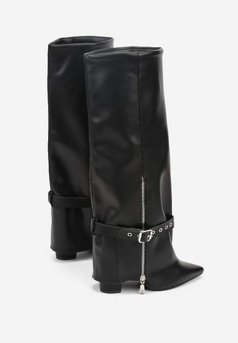 Czarne Kozaki na Obcasie z Wywiniętą Cholewką z Suwakiem i Sprzączką Fennoria