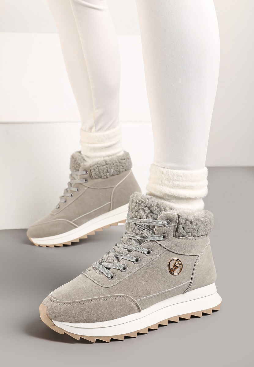 Szare Sneakersy na Platformie z Barankiem i i Błyszczącą Aplikacją Irithnae