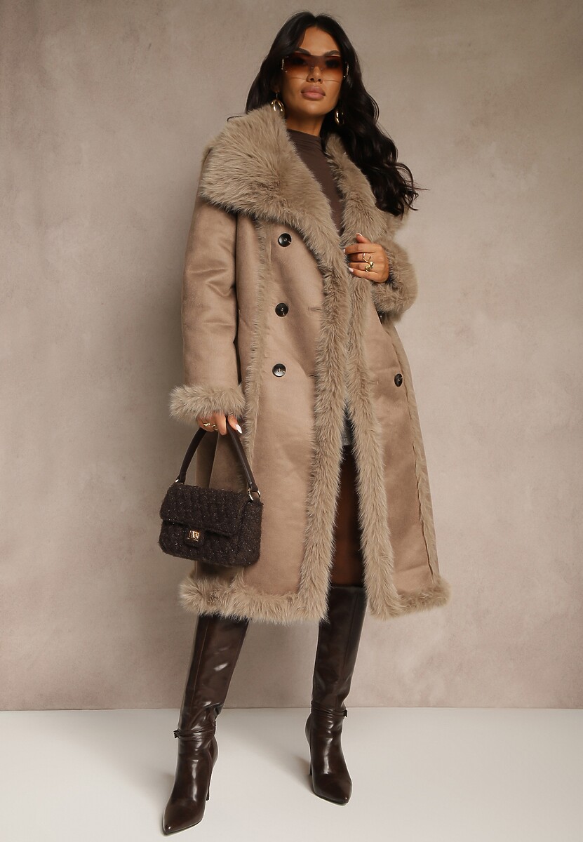 Ciemnobeżowy Dwurzędowy Płaszcz Futerko o Dwustronnym Kroju z Kołnierzem Nalaneva