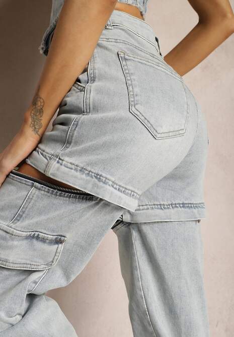 Jasnoniebieskie 2w1 Bawełniane Szorty Jeansy High Waist z Szerokimi Odpinanymi Nogawkami Sadiara