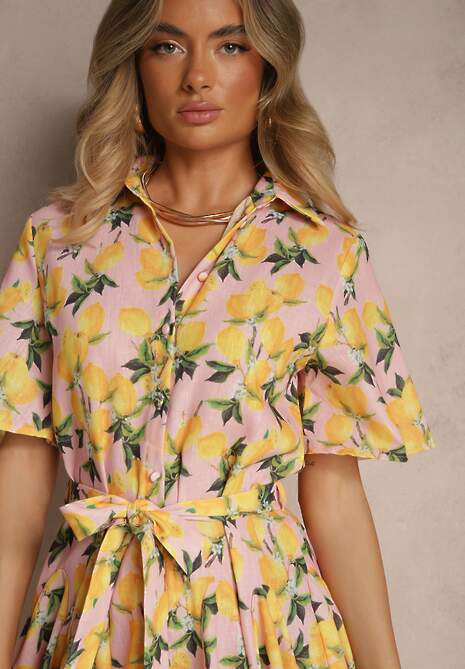 Różowa Rozkloszowana Sukienka Koszulowa z Wiązanym Paskiem i Krótkim Rękawem Lavialane