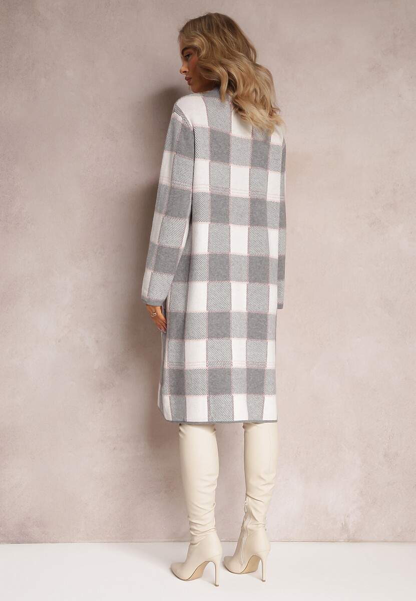 Szara Sukienka o Pudełkowym Fasonie z Sweterkowej Dzianiny w Kratkę Einestia