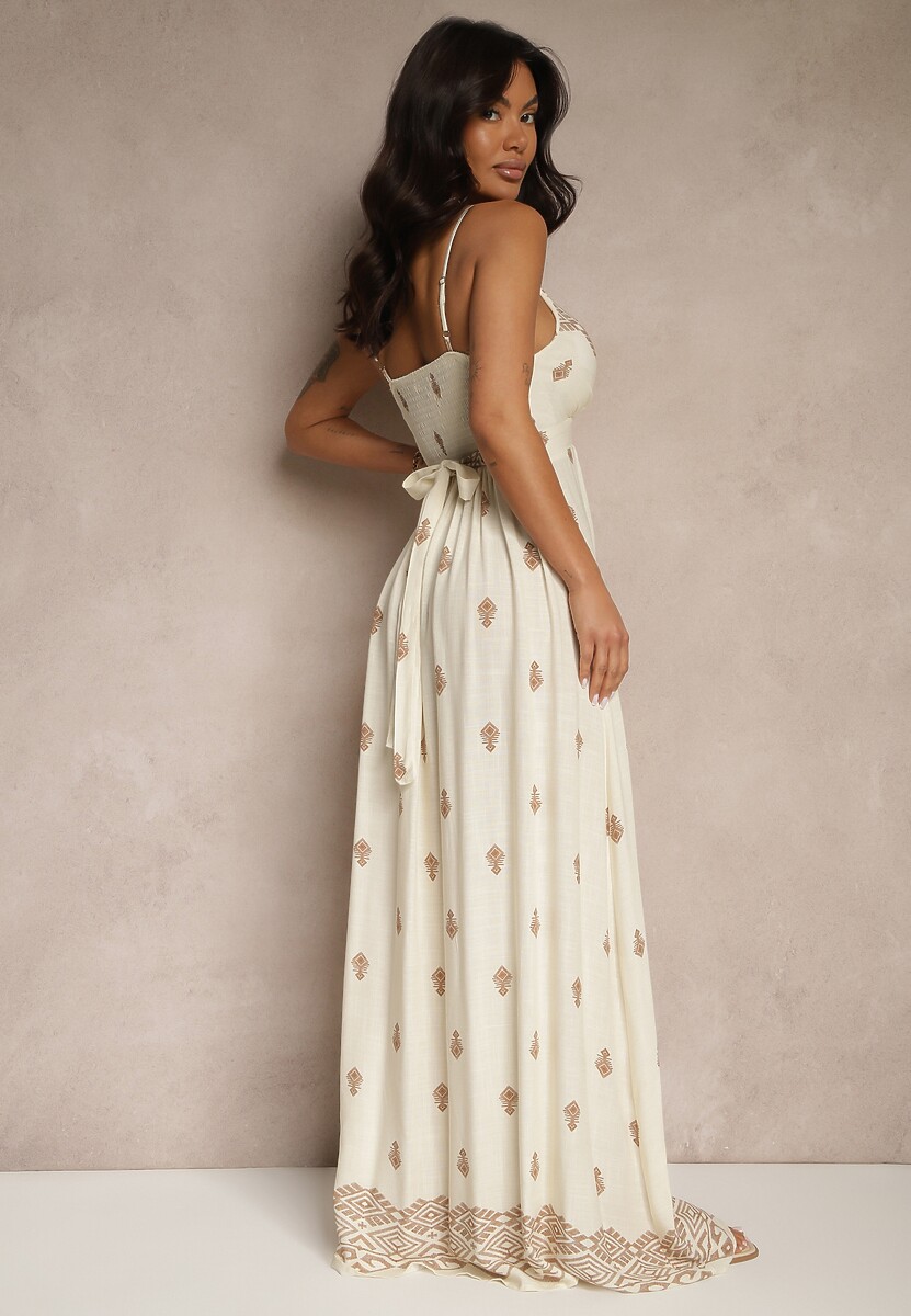 Kremowo-Beżowa Kopertowa Sukienka na Ramiączkach z Bawełny z Wiązanym Paskiem Reveesia