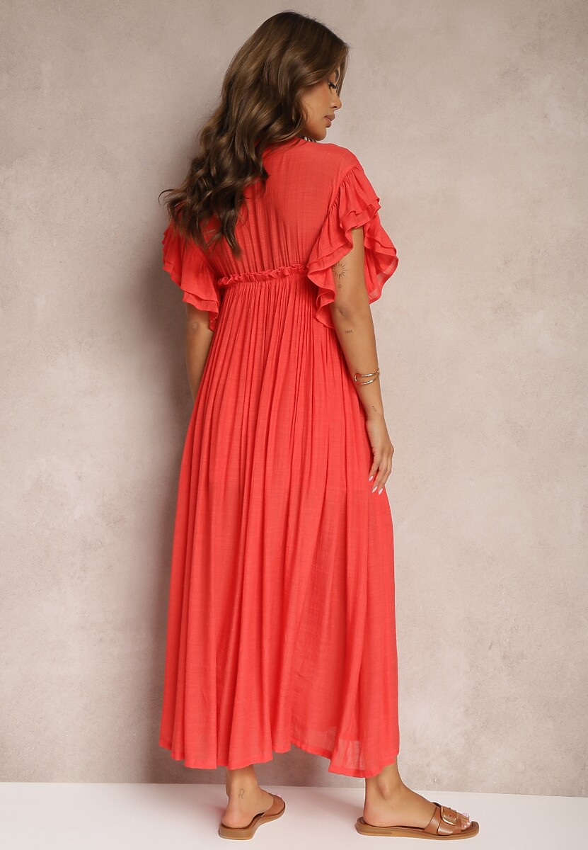 Czerwona Bawełniana Sukienka z Gumką w Talii i Falbankami Rivatia