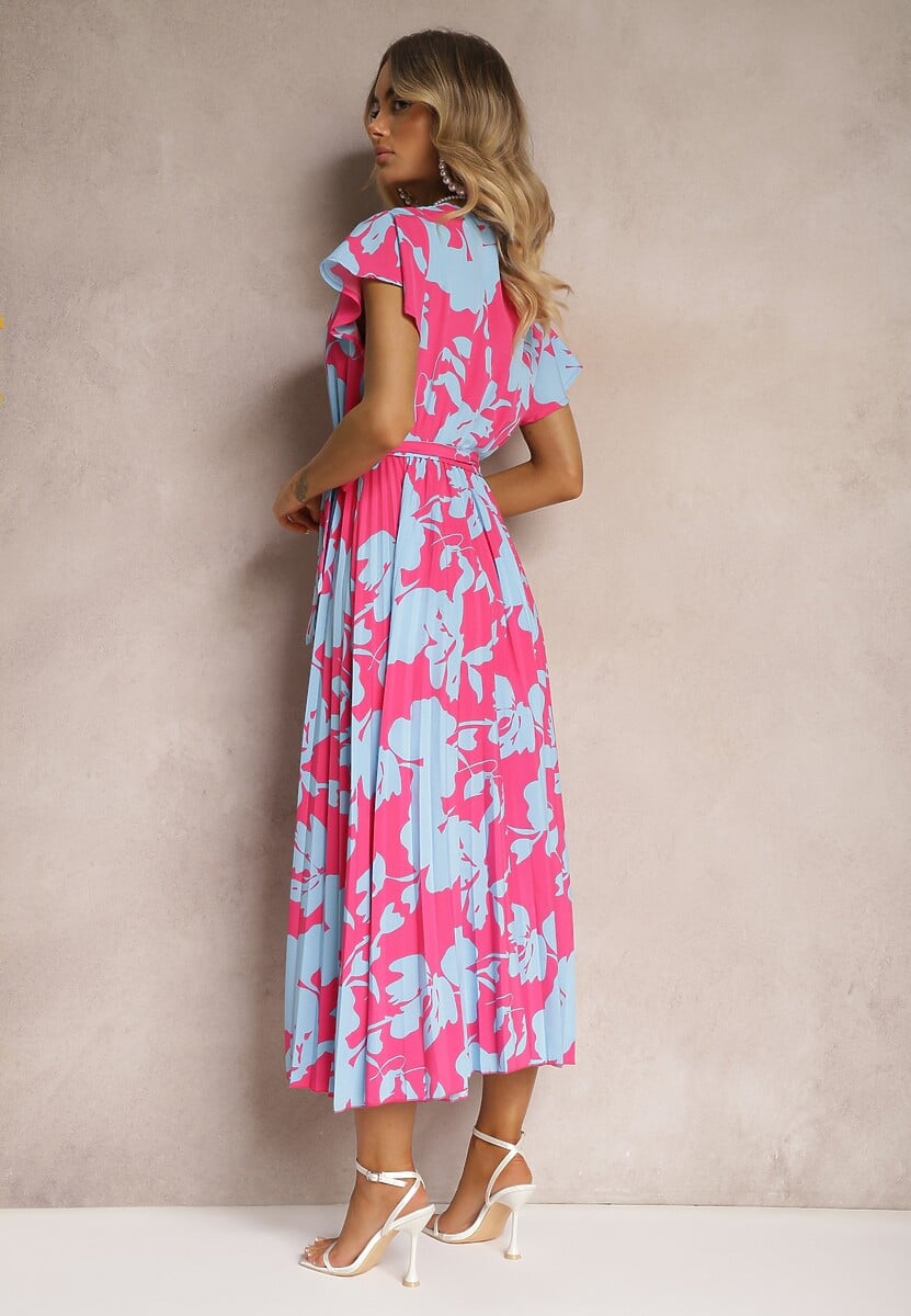 Różowo-Niebieska Kopertowa Plisowana Sukienka Koktajlowa z Gumką i Paskiem w Talii Benelsea