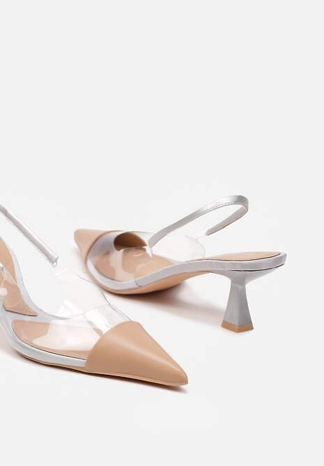 Srebrne Sandały z Imitacji Skóry na Obcasie Typu Kaczuszka z Przezroczystymi Elementami Gravia