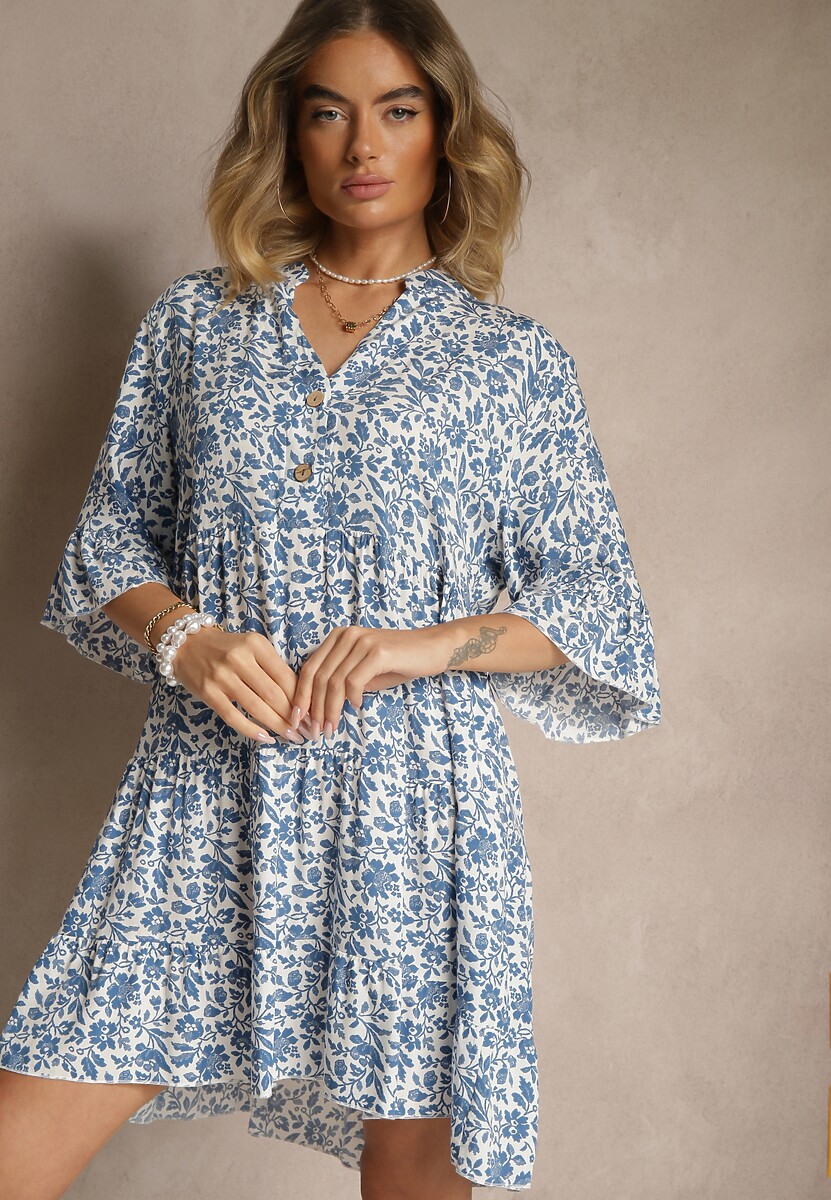 Biało-Niebieska Rozkloszowana Sukienka z Bawełny Zdobiona Kwiatowym Wzorem Jenelitia