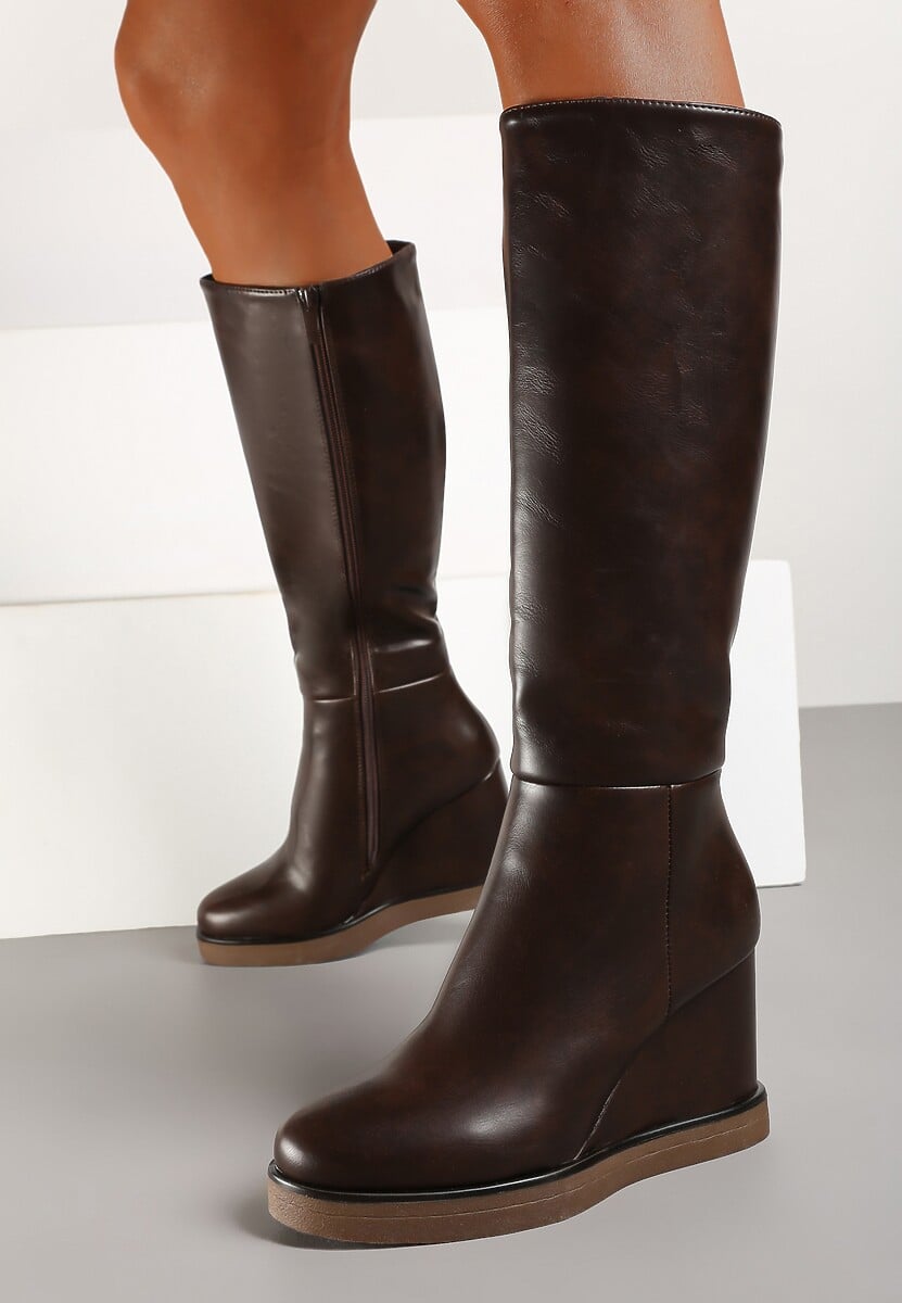 Brązowe Casualowe Kozaki na Koturnie Narisya